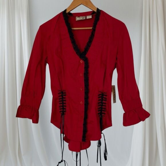 SCULLY Shirt Corset NWT Blouse Marion Ruffle Button Up Stretch Red Black Size M - Picture 3 of 14